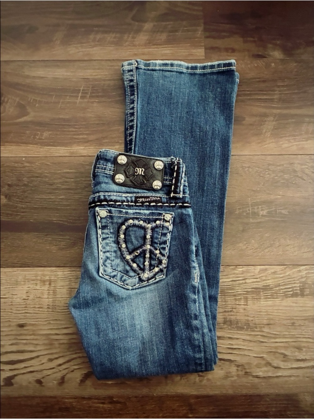 Miss Me Girls Boot Cut Jeans with Rhinestone Peace Pocket